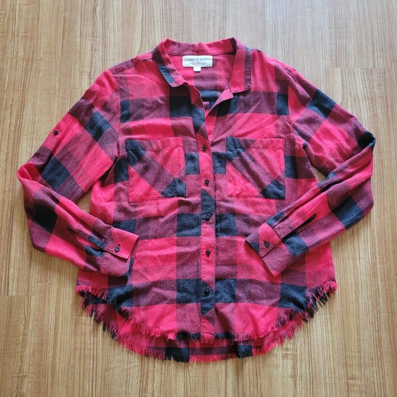 Cloth & Stone Shirt Women Small Red Black Buffalo Check Plaid Raw Hem Flannel - Picture 2 of 10